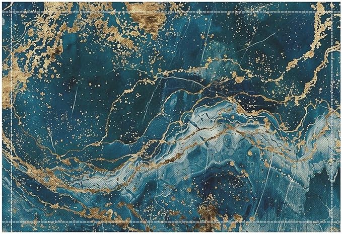 Marble Linen Placemats Set of 2, 12x17 Inch Modern Abstract Foil Stone Texture Royal Blue Gold Marble Table Mats Washable Fabric Place for Party Kitchen Wedding Dining Banquets Decor