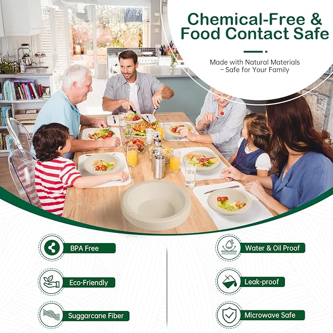 𝟭𝟮 𝗼𝘇, 𝟭𝟮𝟴-𝗣𝗮𝗰𝗸 Compostable Paper Bowls, Heavy-Duty Biodegradable Disposable Bowls Made from Bagasse, Eco-Friendly, Microwave & Freezer Safe (Natural)