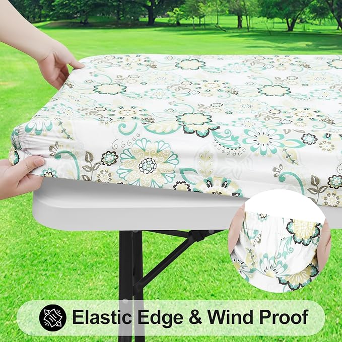 Smiry Rectangle Table Cloth Cover, Waterproof Elastic Fitted Picnic Tablecloth for 4 Foot Tables, Wipeable Flannel Backed Vinyl Tablecloths for Camping, Dining, Outdoor (Teal & White, 24" x 48")