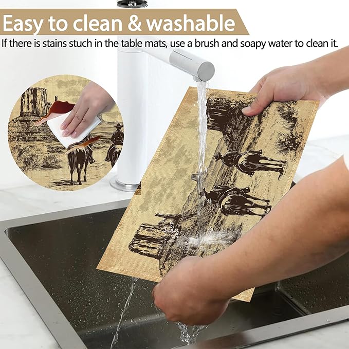 Vintage Western Cowboy 12x18 Inch Placemats Set of 6 - Waterproof, Non-Slip & Washable Table Mats for Kitchen & Dining Table Placemats