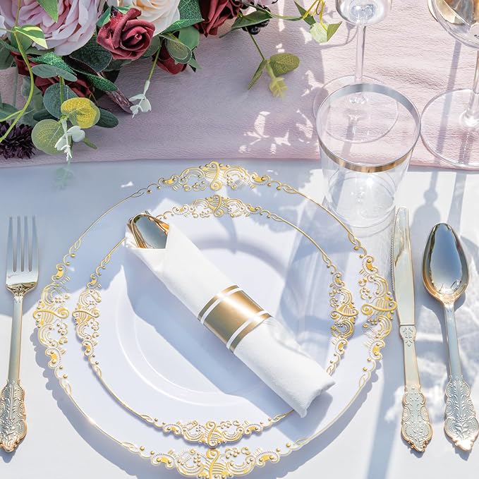 Nervure 175PCS Gold Plastic Plates - Disposable White Gold Party Plates & Pre Rolled Napkins with Cutlery for 25 Guests, 50Plates, 75Silverware, 25Cups, 25Napkin for Wedding & Party