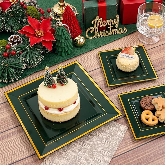 Liacere 100PCS Green and Gold Square Plastic Plates-50PCS Heavy Duty 9.5inch Disposable Dinner Plates and 50PCS 6inch Green Dessert Plate - Gold Plastic Plate for Party&Wedding&Christmas