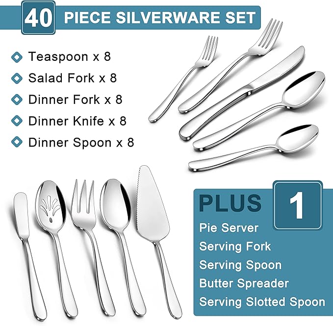 Herogo Heavy Duty Silverware Set with Serving Utensils, 45-Piece Stainless Steel Heavy Weight Modern Flatware Set for 8, Fancy Cutlery for Home Wedding, Dishwasher Safe, Mirror Finished
