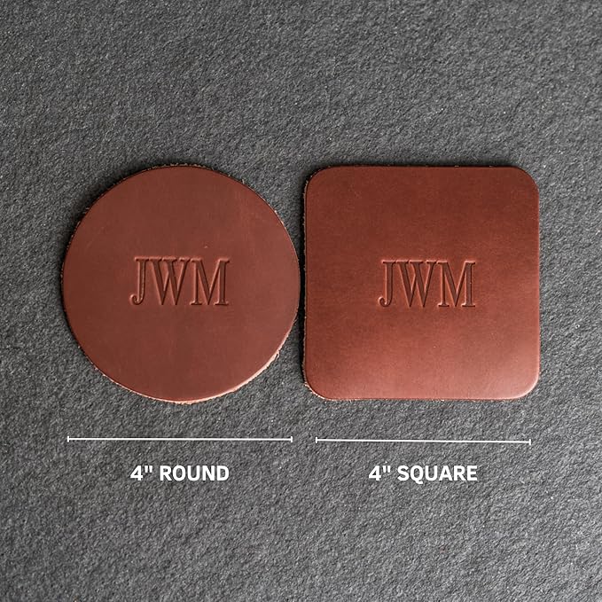 Ox & Pine Personalized Leather Coaster - Sold Individually or in Sets of 4 - Customize Inscription - 100% Full-Grain Leather – 4" Round or 4" Square (Round, Harvest, Set of 4 Coasters)