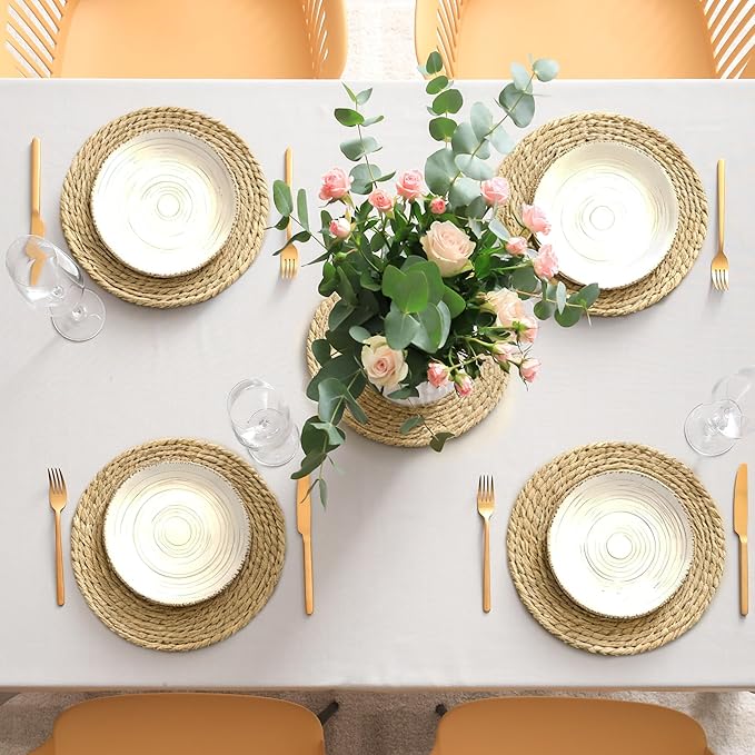 Elcoho 40 Pieces Round Woven Placemats 12 Inch Boho Rattan Placemats Farmhouse Braided Place Mats Woven Plate Chargers Rustic Wicker Table Mats for Dining Table
