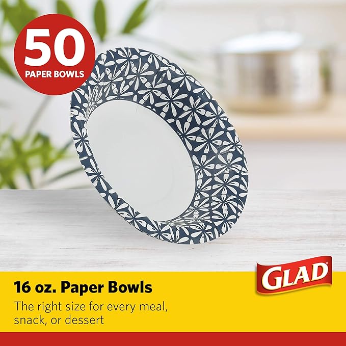 Glad Round Disposable Paper Bowls, Blue Mosaic Design - Heavy Duty, Soak Proof, Cut-Resistant, Microwavable Bowl for All Foods & Daily Use, 16 Oz, 50 Count