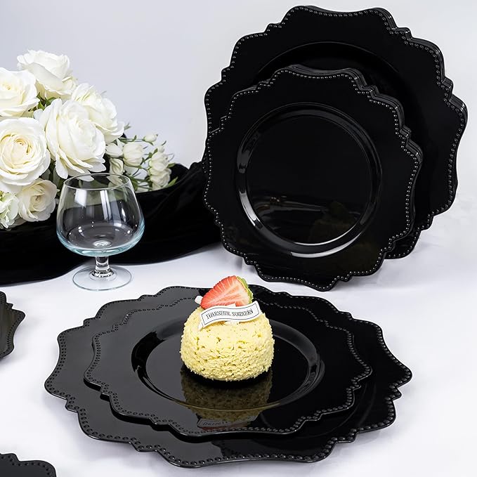 COLOSUS 100pcs Black Plastic Plates - Heavy Duty Black Plastic Plates Disposable for Party/wedding/New Year Include 50pcs Dinner Plates and 50pcs Dessert Plates.
