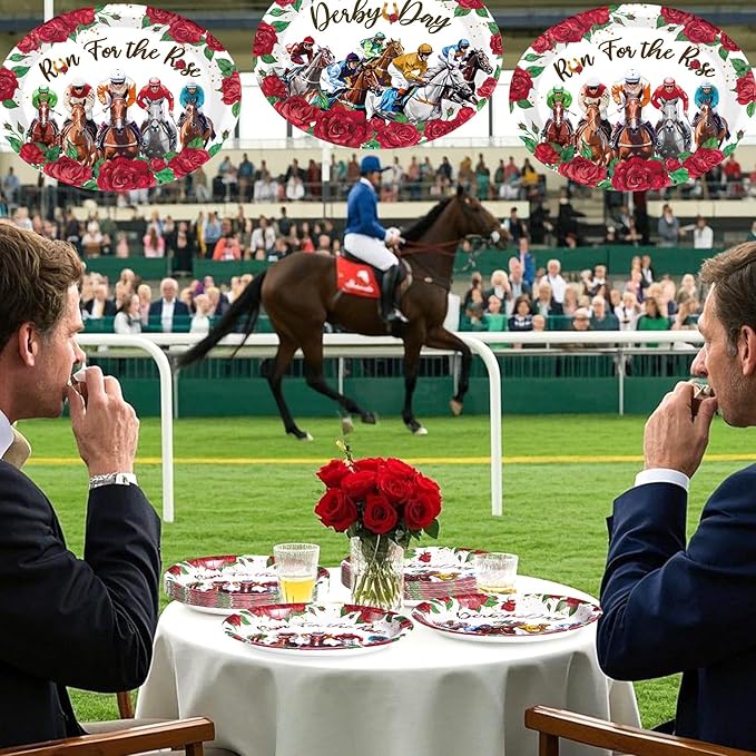 Grencian 50PCS Derby Oval Paper Plates 10" X 12" Disposable Heavy Duty Derby Horse Racing Plates Run for The Roses Dinnerware for Horse Race Day Boys Girl Birthday Party Decorations