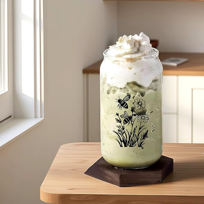 Cute Bee Glass Cup With Lids And Straws, Bee Gift For Women, Iced, Coffee, Smoothie, Cocktail, Beer, Whiskey, Soda, Matcha,16 Oz, Home Office Table Desk Decoration!
