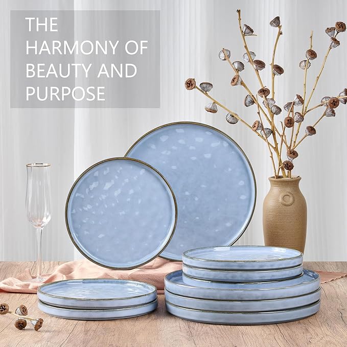 LIANYU 6PCS Ceramic Flat Dinner Plates Set, Porcelain Salad Appetizer Dishes with High Edge, 10.2” Dessert Plates Set, Microwave, Oven, dishwasher Safe, Chip & Scratch Resistant, Serenity Blue
