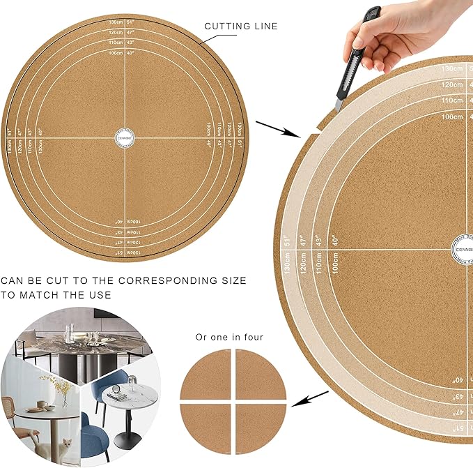 CENNBIE 54/51/47/43/40 Inches Round Table Mat - Cork Leather Placemats - Suitable as Side Dining Coffee Table Cover - Can Be Cut to Fit (Black)