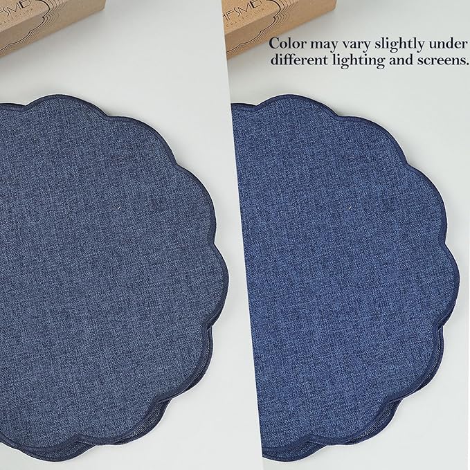 AHHFSMEI Round Faux Linen Placemats Set of 4 Waterproof Table Mats Heat Resistant Non-Slip and Stain Proof for Kitchen Dining Elegant Decor (Navy Blue,4)