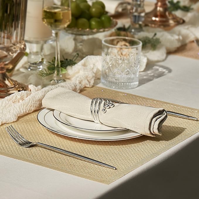 Leetaltree Luxury Gold Sequin Placemats Set of 12 - Waterproof Washable for Wedding, Anniversary, Daily Use - Sparkling Table Decor - Hand-Cut