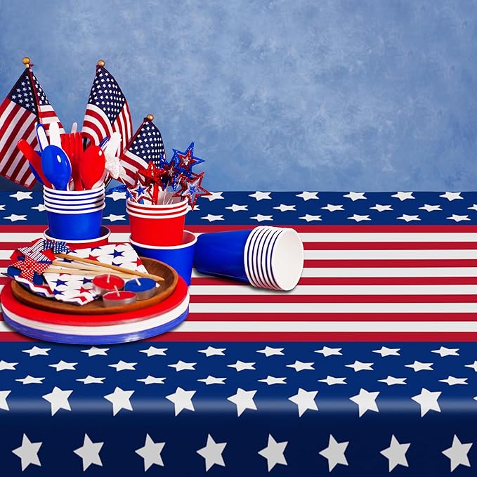 QZYL 3 Pack 4th of July Tablecloths, 54" x 108" Patriotic Plastic Tablecloth, Rectangle Fourth of July Table Cloth Red White Blue Tablecover, Patriotic Party Supplies Independence Day Decorations