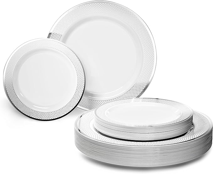 OCCASIONS 120 Plates Pack,(60 Guests) Heavyweight Premium Wedding Party Disposable Plastic Plates Set -60 x 10.5'' Dinner + 60 x 7.5'' Salad/Dessert (Sundance White & Gold Rim)
