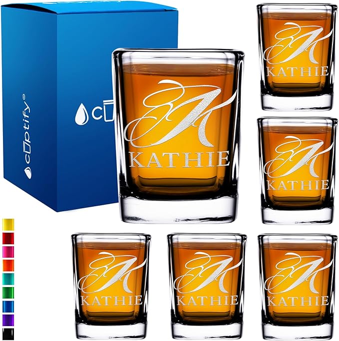 Personalized Shot Glasses Set of 6 Initial and Name 2oz Etched Square Shot Glass Engraved with Custom Text Birthday Gift for Men and Women