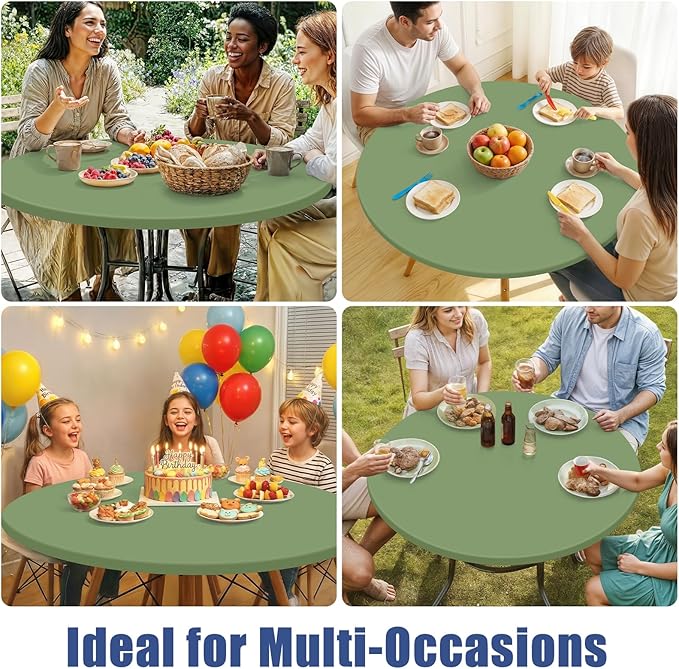 Round Spandex Tablecloth, Elastic Fitted Waterproof Tablecloths for 45"-56" Tables, Stretch Washable Picnic Table Cover for Camping, Dining, Indoor and Outdoor, Sage Green