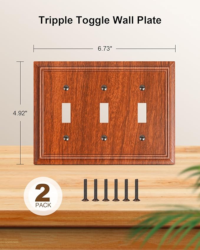 2-Pack Triple Toggle Light Switch Cover Plate, Durable Natural Bamboo Fiber Decorative Switch Plate Covers, Wood Grain 3 Gang Wall Plate, Corrosion Resistant