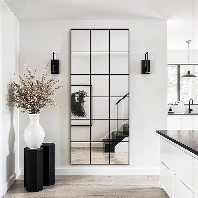 Large Window Pane Full Length Mirror for Wall, 70"x30" Oversize Black Full Body Wall Mirror for Living Room, Bedroom, Entryway, Hanging or Leaning