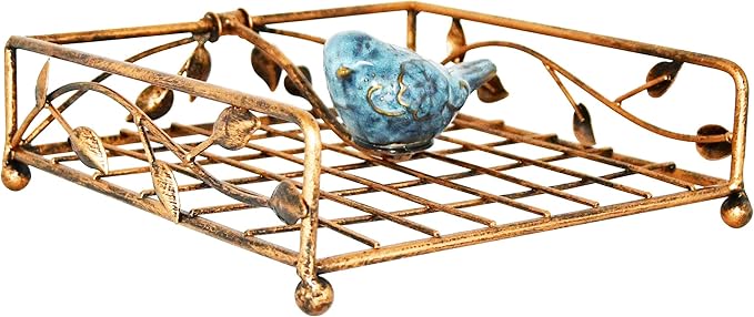OwlGift Collection Bronze Coated Metal Flat Napkin Holder Dispensing Stand w/Ceramic Bird, Kitchen and Countertop Flat Napkin Storage Organizer