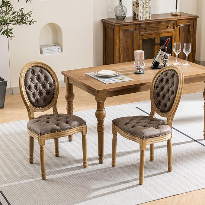 Vintage French Dining Chairs Set of 6, Round Back PU Leather Upholstered Accent Chairs with Nailhead Trim and Solid Wood Frame, Farmhouse Sillas de Comedor for Dining Room & Kitchen, Distressed Brown