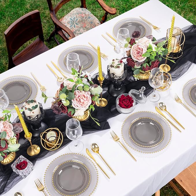 EI 60pcs Clear Black and Gold Plastic Plates Disposable Plates Heavy Duty,10.25" Dinner & 7.5" Dessert Clear Black Plate Perfect Wedding,Party,Birthday,Anniversary,Business Events