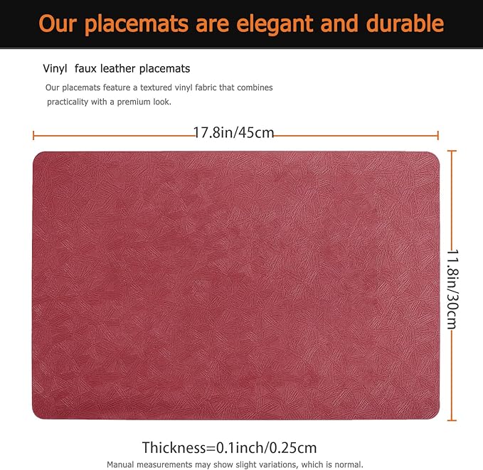 Vinyl Placemats Set of 4 Faux Leather 100% Waterproof Wipeable Washable Place Mats Heat Resistant Easy Clean Non-Slip Table Mats for Indoor Outdoor. (4,Red)