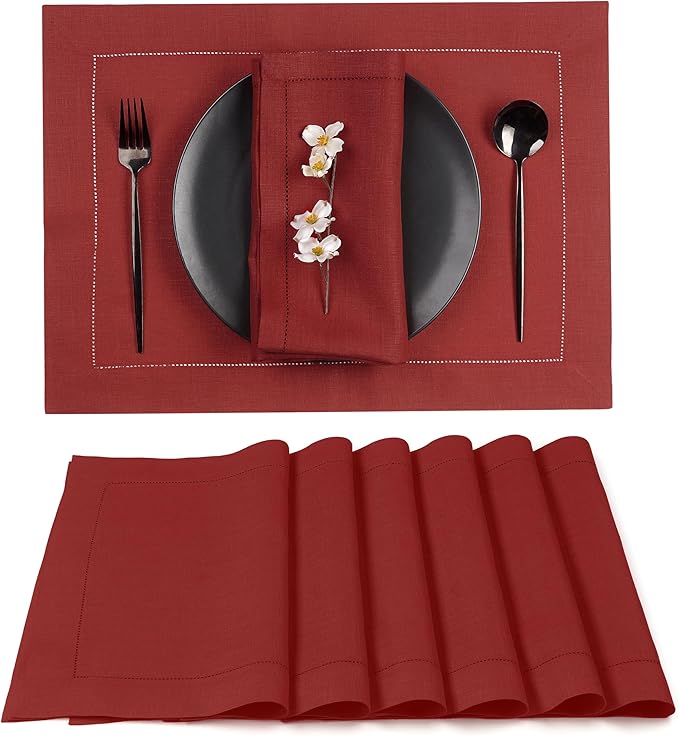 D'Moksha Homes Red Linen Placemats Set of 6 - Classic Hemstitch Placemats 14 x 19 Inch - 100% Pure Linen Table Mats for Valentines, Spring - Handcrafted and Machine Washable