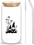 Cute Gnomes Glass Cup With Lids And Straws, Gnomes Gift For Women, Iced, Coffee, Smoothie, Cocktail, Beer, Whiskey, Soda, Matcha,16 Oz, Home Office Table Desk Decoration!