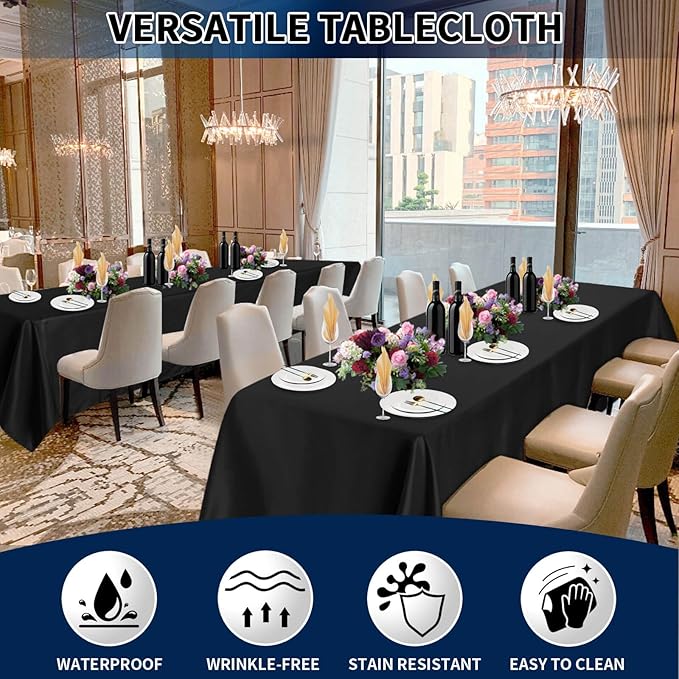 PureFit 6 Pack Rectangle Black Table Cloths 90 x 132 Inch for 8Ft Tables, Stain and Wrinkle Resistant Table Linens for Home Use, Wedding, Party, Banquet and Camping