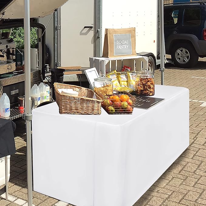 HolidayIdeas Fitted White Table Clothes - 72 x 30 Inch - 6 Pack Rectangle Table Covers for 6 Foot Tables, Polyester Fabric Tablecloths for Parties, Wedding, Trade Show, Craft Show