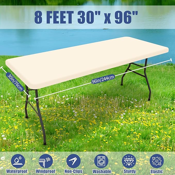 Spandex 8 Foot Rectangle Table Cloth 2 Pack, Elastic Fitted Tablecloths for Picnic, Stretch Washable Patio Table Cover for Outdoor, Camping, Banquet and Parties (Champagne, 30"x96")