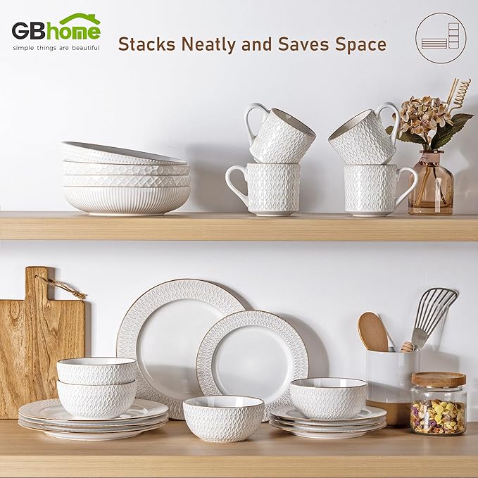 GBHOME Ceramic Dinnerware Sets,18 pcs Embossed Elegant Stoneware Plates and Bowls Sets, Housewarming Wedding Gift | Dishwasher & Microwave Safe | Dishes Set Service for 6