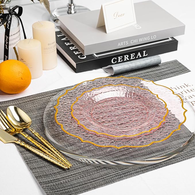 N9R 120 Clear and Pink Plastic Plates, Pink Disposable Plate with Gold Rim, Stone Texture Plate, Include 120 Dinner & Dessert Plates for Wedding, Party