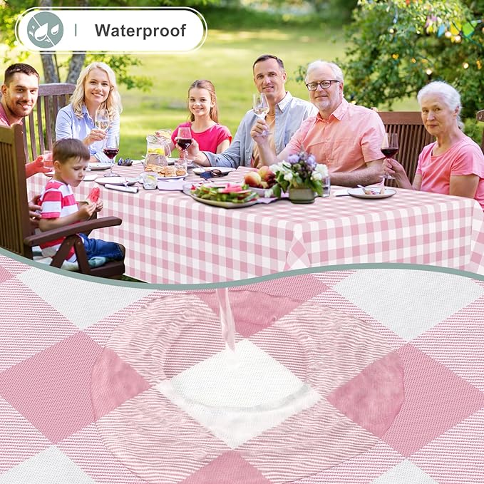 misaya Rectangle Waterproof Vinyl Table Cloth, Buffalo Flannel Backed Tablecloth, Wipeable Plastic Table Cover for Valentine's Day, Dinner, Kitchen, Outdoor (60" x 102", Pink and White)