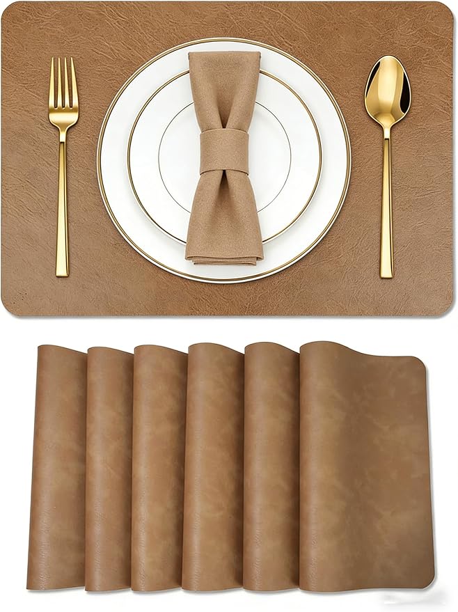Faux Leather Placemats Set of 6, 18×12 Inch Waterproof Wipeable PU Place Mats Heat Resistant Anti Slip Dining Table Place Mats for Kitchen Dining Indoor & Outdoor Use (Light Brown)