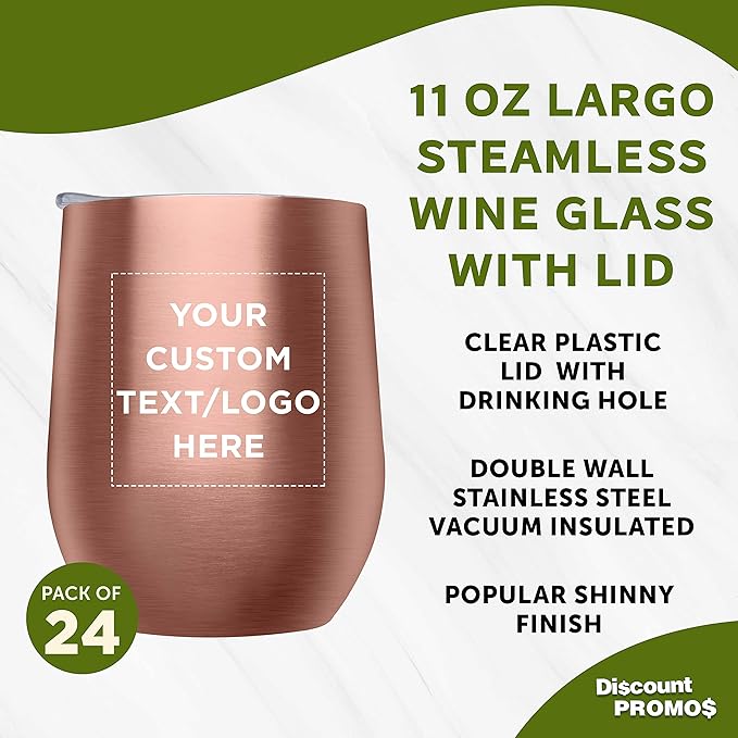 Custom Stemless Wine Glass Tumblers with Lids by Largo 11 oz. Set of 24, Personalized Bulk Pack - Perfect for Wine, Cocktails, Other Hot & Cold Beverages - Rose Gold