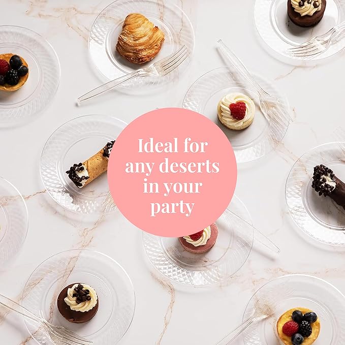 Prestee 100 Pack Clear Plastic Plates for Party - 6.25 Inch Small Round Dessert Plate and Appetizer Platter - Heavy Duty Disposable Plastic Plates for Parties, Weddings, Caterings and Events