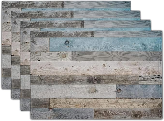 Giwawa Rustic Wood Grain Placemats Set of 4, Vintage Barn Wooden Linen Table Mat, Farmhouse Country Style Lodge Heat Resistant Washable Place Mats for Dining Kitchen Party Holiday Decor 12x18Inch