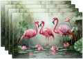 Flamingo Placemats Set of 4, Flamingo Tropical Flowers Place Mats, Wildlife Waterproof Washable Table Mats for Home Party Indoor Kitchen Dining Table Decoration 12x18 Inch