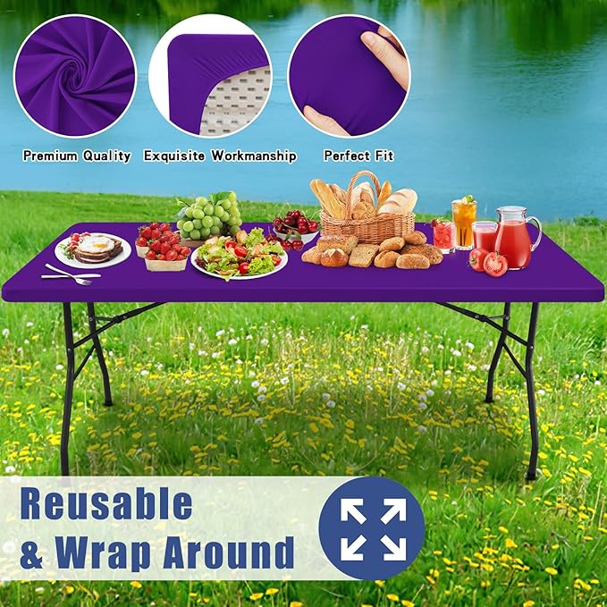 Spandex 5 Foot Rectangle Table Cloth 2 Pack, Elastic Fitted Tablecloths for Picnic, Stretch Washable Patio Table Cover for Outdoor, Camping, Banquet and Parties (Purple, 30"x60")