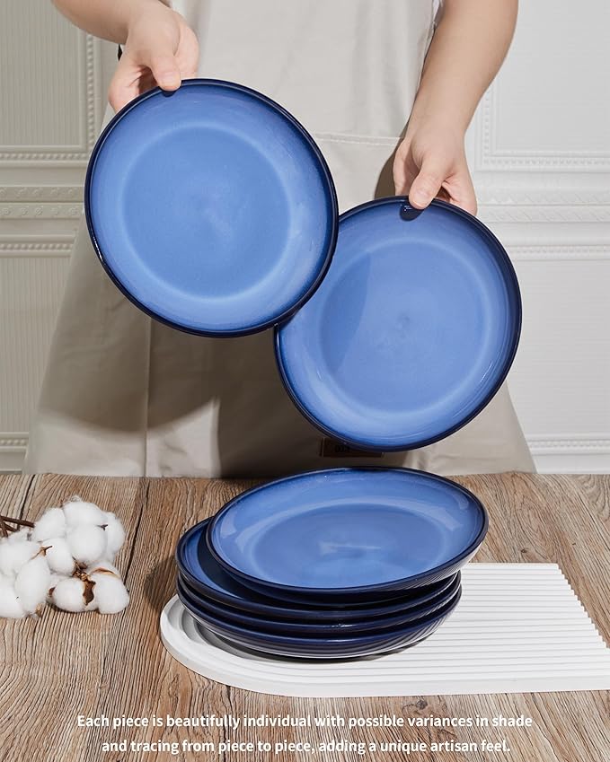 Ceramic Plates Set of 6, 8.0 Inch Reactive Glaze Dessert Plates, Modern Dinnerware Dishes Set for Kitchen, Microwave & Dishwasher Safe, Scratch Resistant-Light Blue