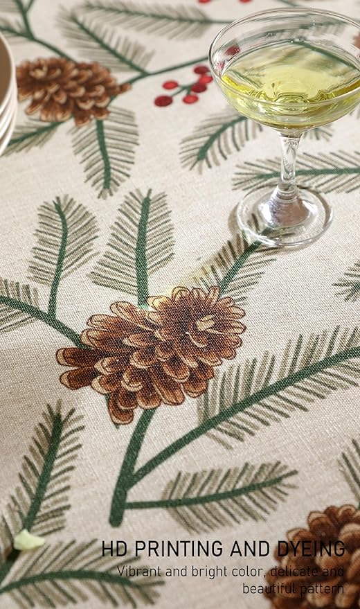ISAENNE Designer Christmas Beige Linen Square Tablecloth,Pinecones Pattern Indoor Tablecloths,Wrinkle Resistant Decor Table Cloth for Dining Thanksgiving Kitchen Christmas,67"*67"-Carol B