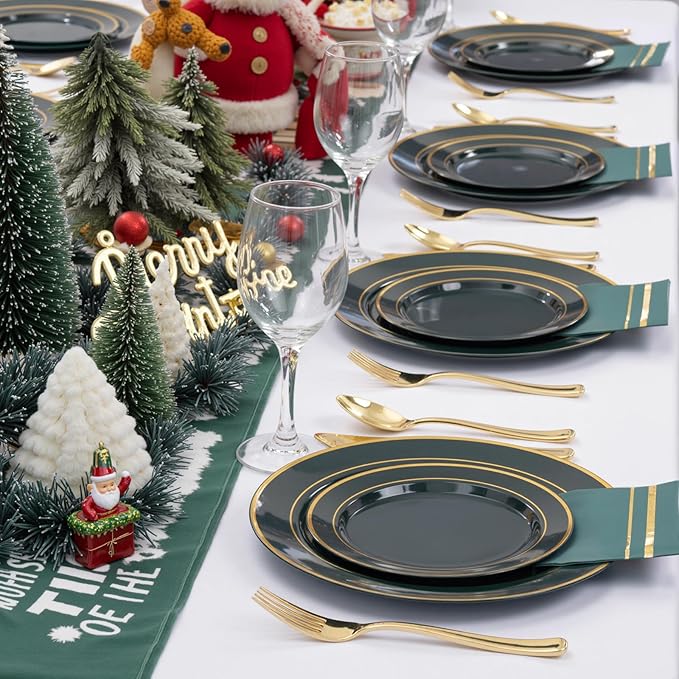 NOCCUR 200PCS Green Plastic Plates for 100 Guests - Include 100PCS 10" Dinner/ 100PCS 7" Dessert Disposable Plates Heavy Duty - Ideal for Party/Wedding