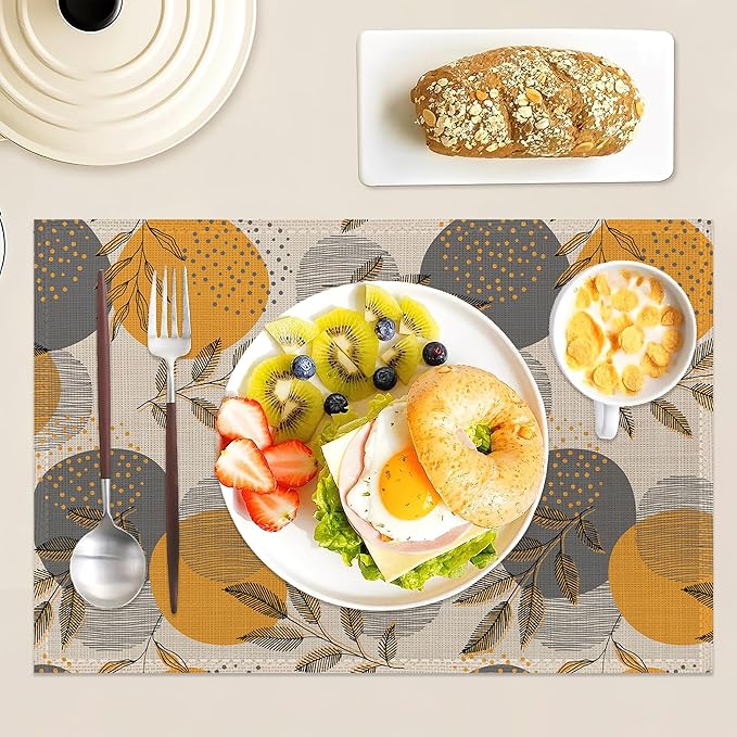 Leaves Place Mats Set of 6, Stripes and Dots Table Mats,Heat Insulation Non Slip Washable Dining Placemats for Wedding Holiday Party Kitchen Decor 12X18 in