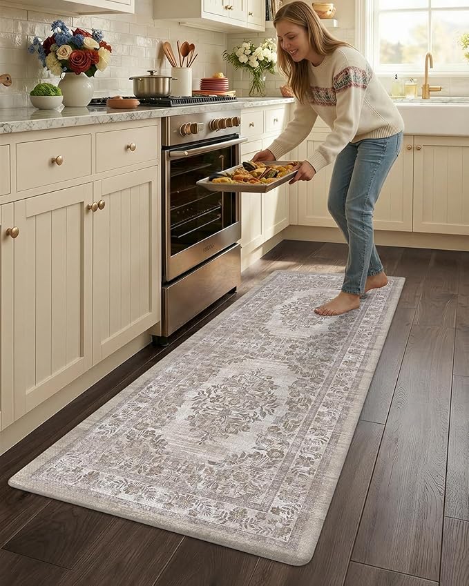 Color&Geometry Anti Fatigue Kitchen Mats for Floor 24x59, Vintage Decor, Easy Clean, Waterproof & Oil Proof, 0.4" Thick Cushioned, Non-Slip Kitchen Runner Rug for Sink, Laundry, Office, Khaki