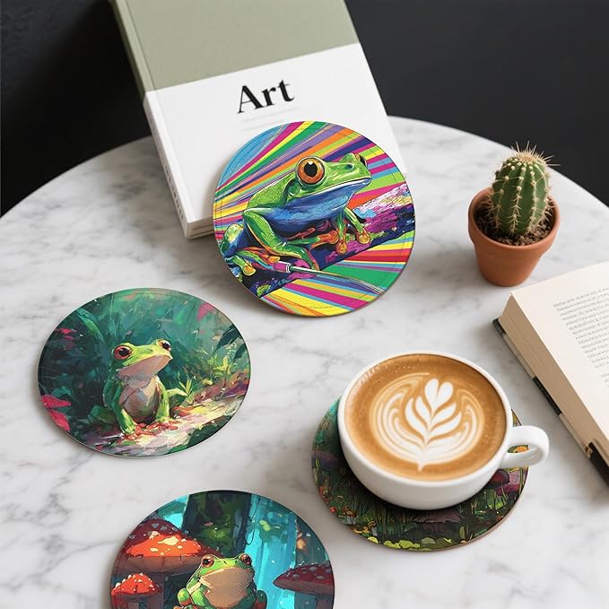 Frog Coasters Leather Round Drink Coasters 6 Pcs Set with Holderor for Cup Drink Coffee Table Bar Home Decor