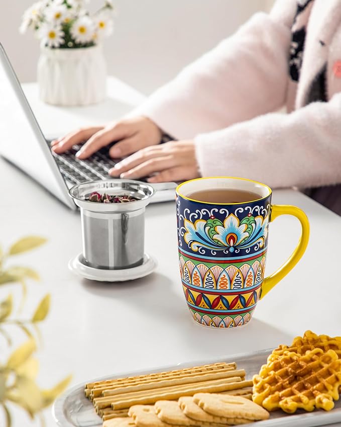 vancasso Ceramic Tea Mug with Infuser and Lid, 18 Ounce Bohemian Loose Leaf Cup, Microwave & Dishwasher Safe, Perfect for Tea, Coffee, Beige-Mustard Tribe