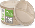 Ecovita 100% Compostable Paper Plates [9 in.] COMPARTMENTS – 150 Disposable Plates Eco Friendly Sturdy Tree Free Liquid and Heat Resistant Alternative to Plastic or Paper Plates