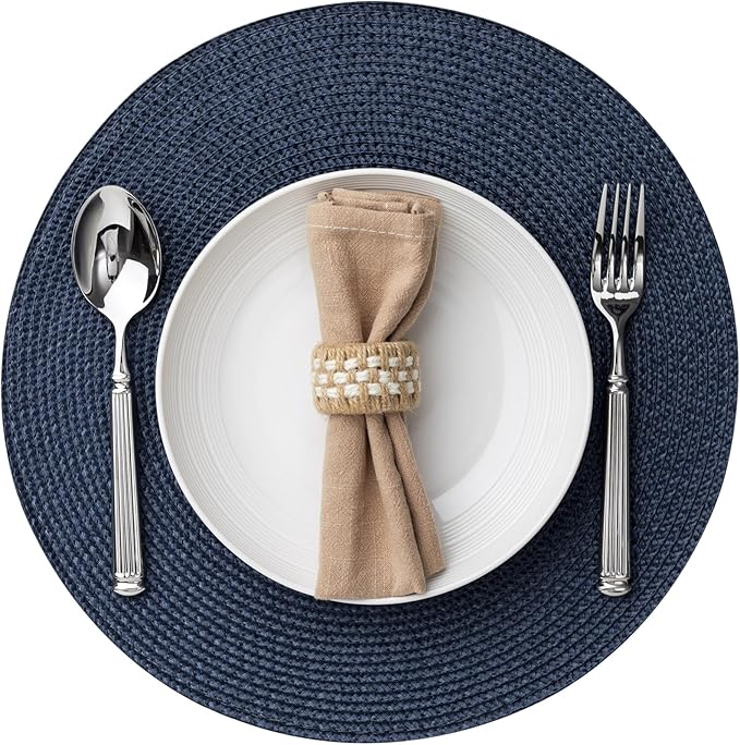 Round Placemats Set of 8 Plastic Woven Placemats Washable Wipeable Table Mats for Dining Table Heat Resistant Non-Slip Circle Place Mats (Navy Blue)